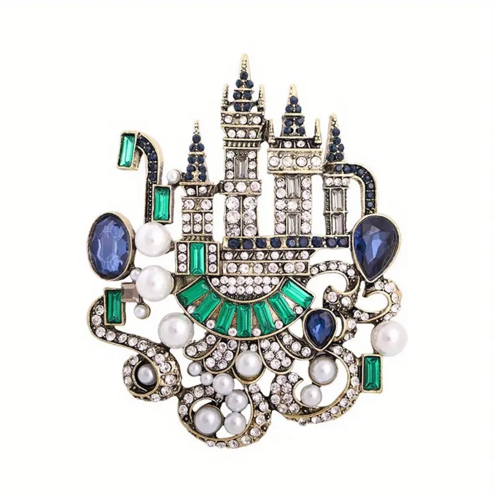 Retro Castle Brooch Green Rhinestone Clothing Pin Sweater Corsage Accessories